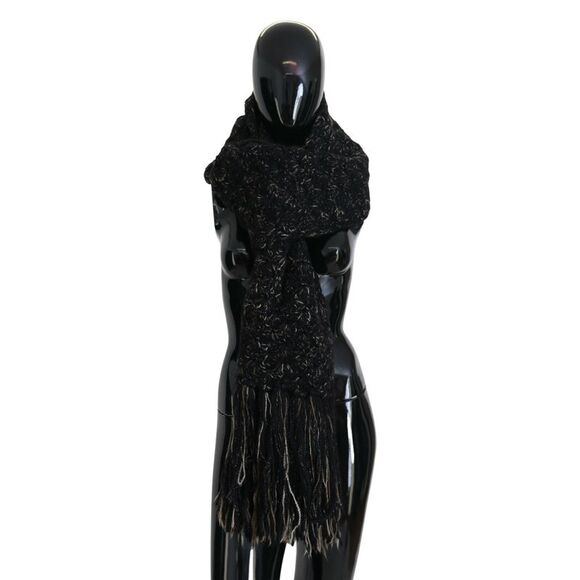 Dolce & Gabbana Black Wool Knitted Wrap Foulard Fringe Women's Scarf